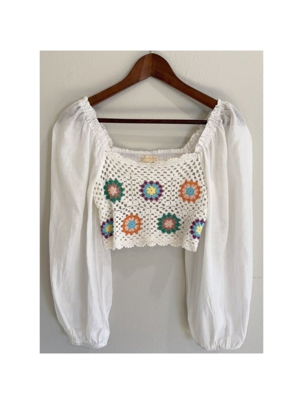 Chrysanthemum Boho Crochet Crop Top Sheer Peasant Sleeve Festival Blouse Women M